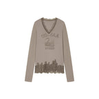 Swan print lace patchwork v-neck long sleeve t-shirt