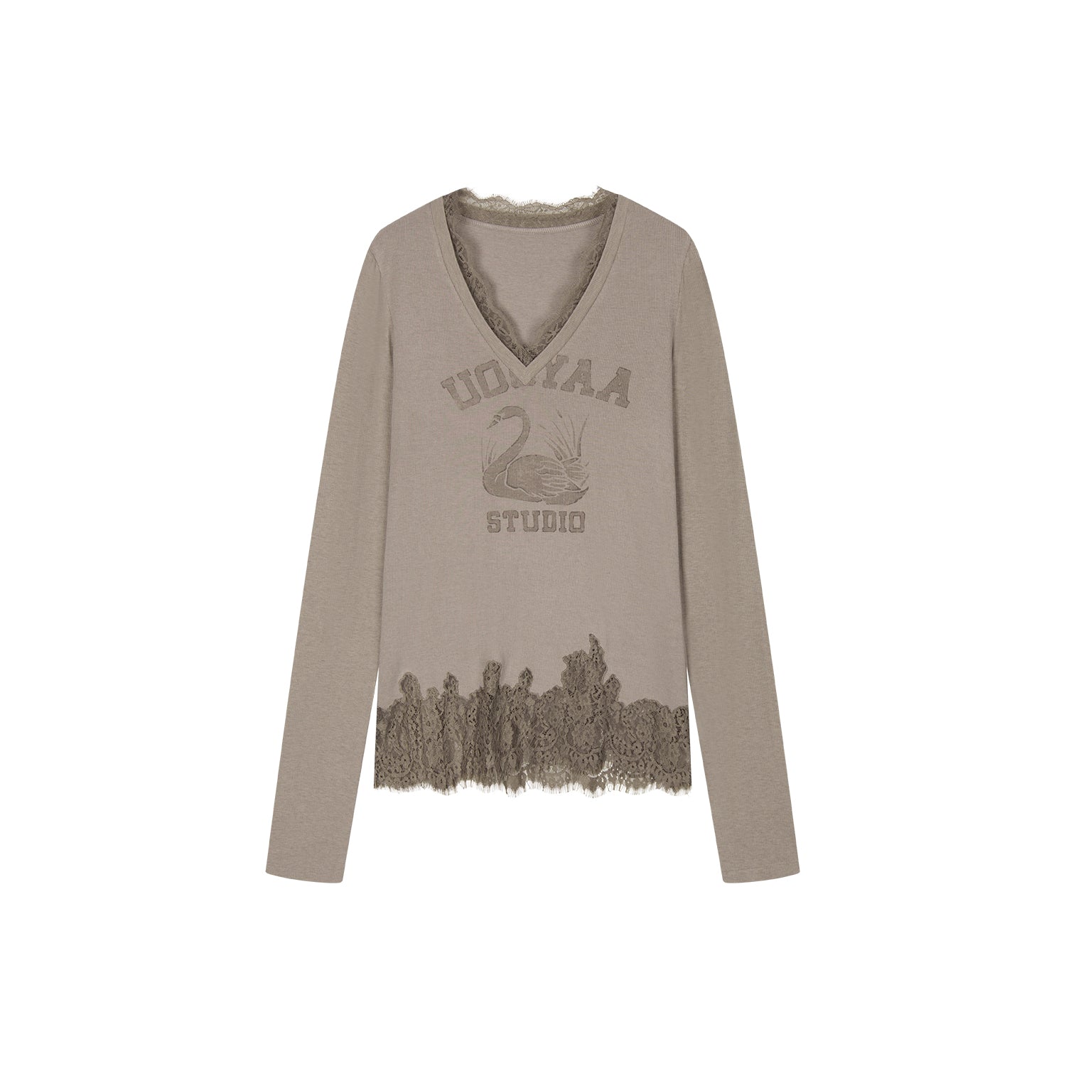 Swan print lace patchwork v-neck long sleeve t-shirt