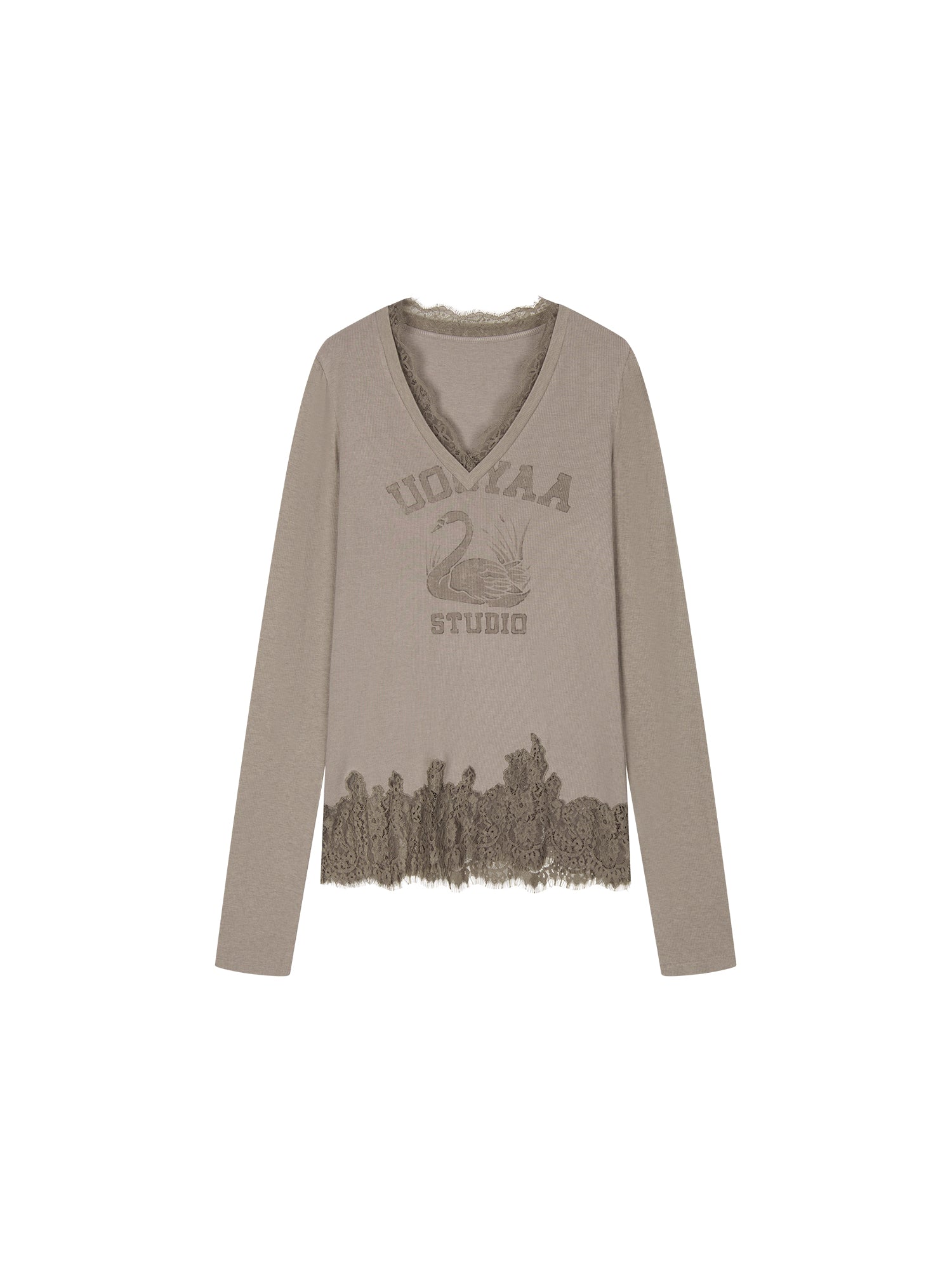Swan print lace patchwork v-neck long sleeve t-shirt