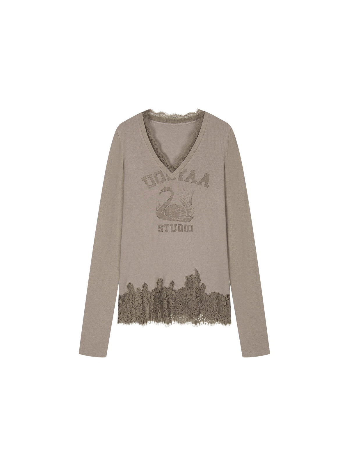 Swan print lace patchwork v-neck long sleeve t-shirt