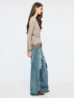 Swan print lace patchwork v-neck long sleeve t-shirt
