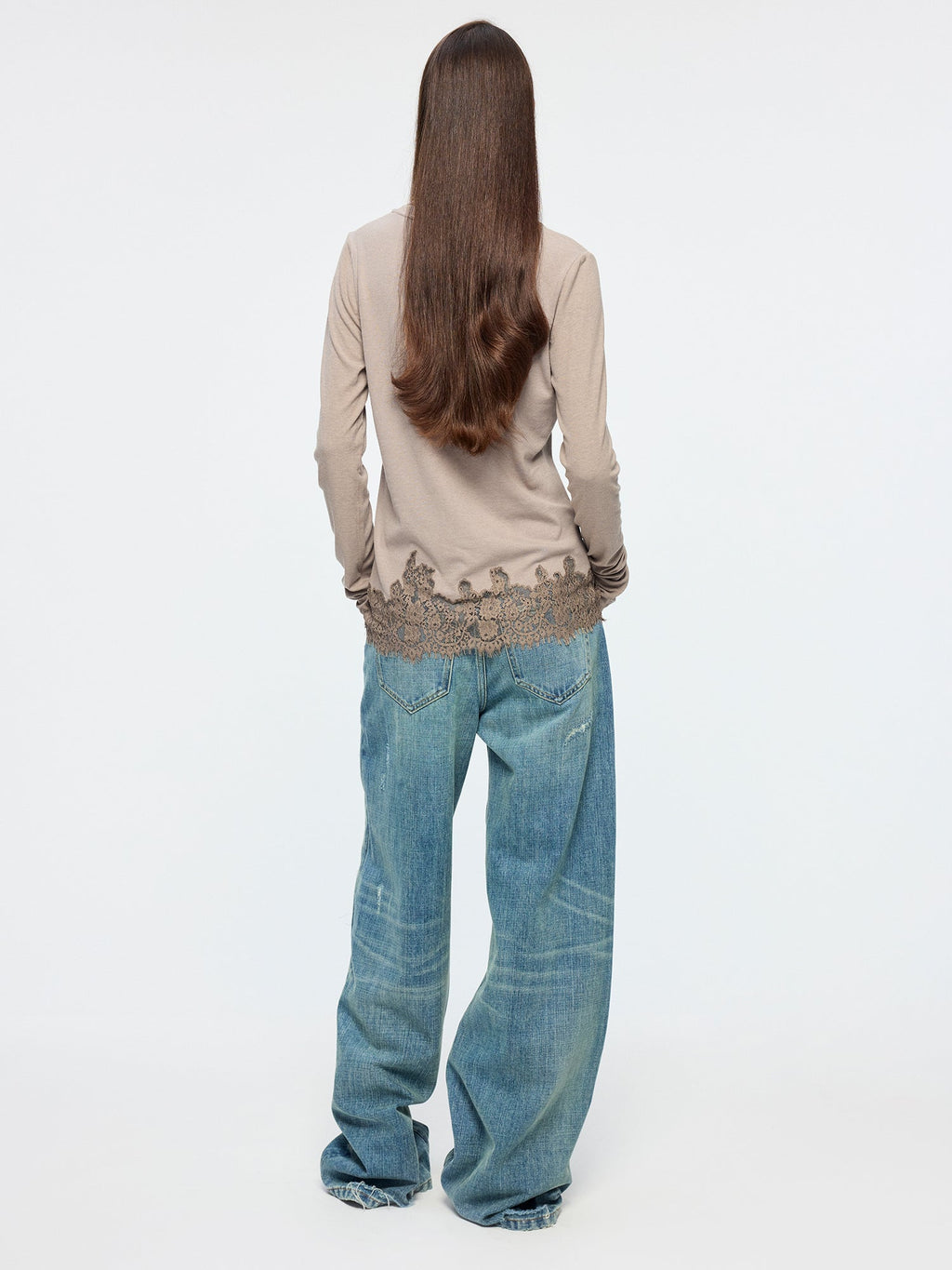 Swan print lace patchwork v-neck long sleeve t-shirt