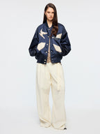 Origami bird PU leather applique baseball jacket