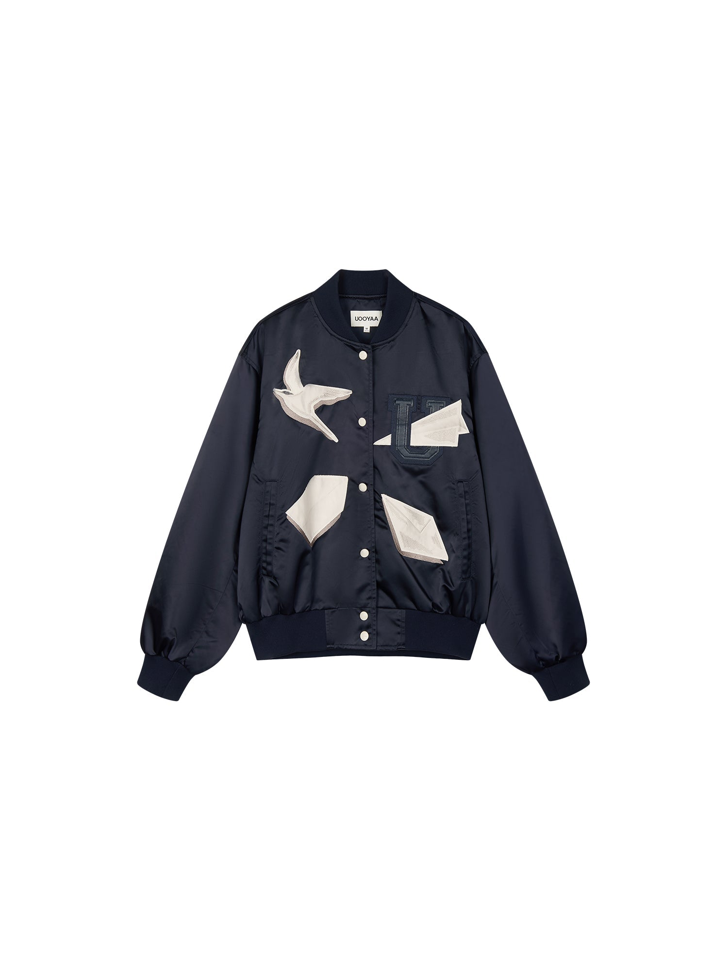 Origami bird PU leather applique baseball jacket