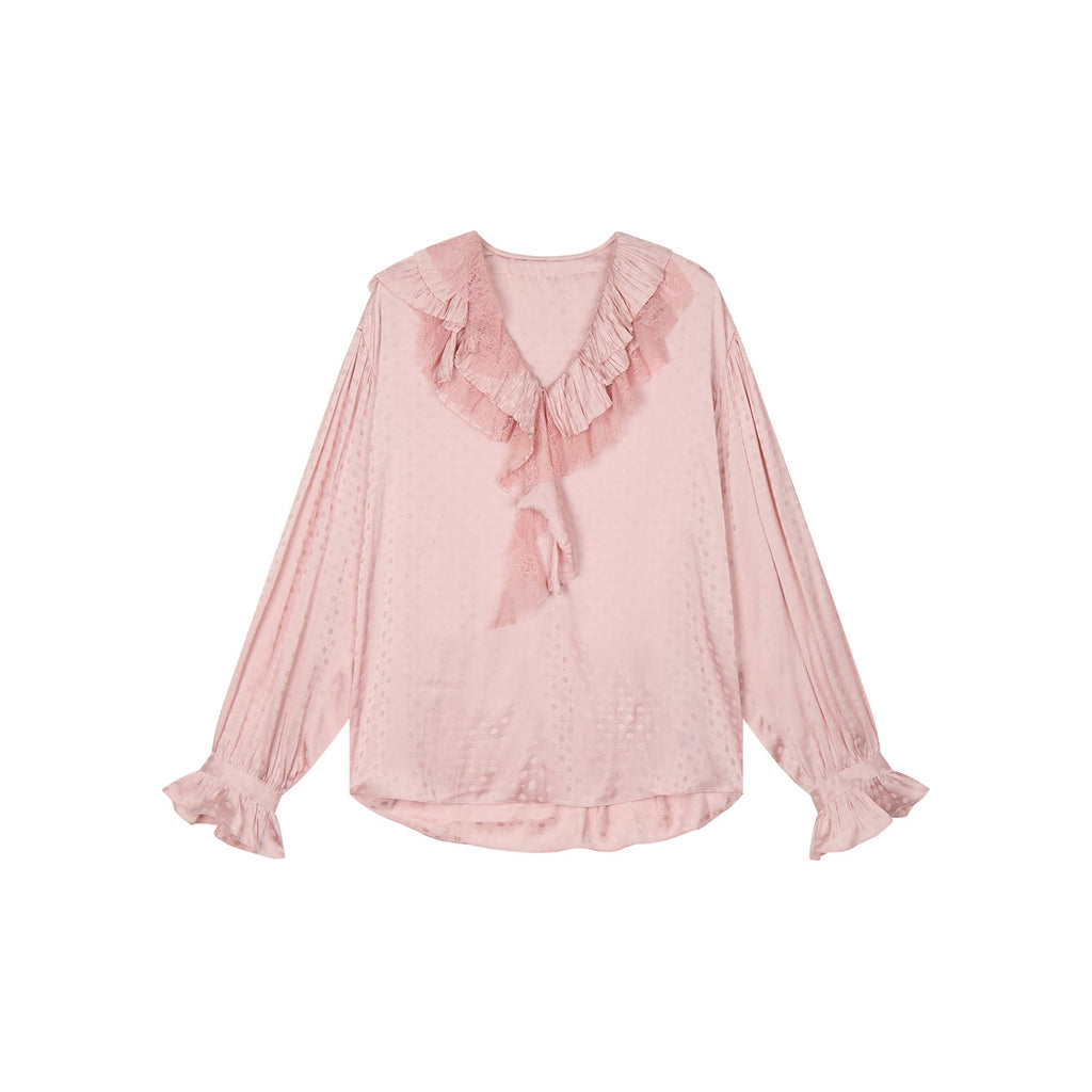 Lace patchwork ruffle collar jacquard shirt