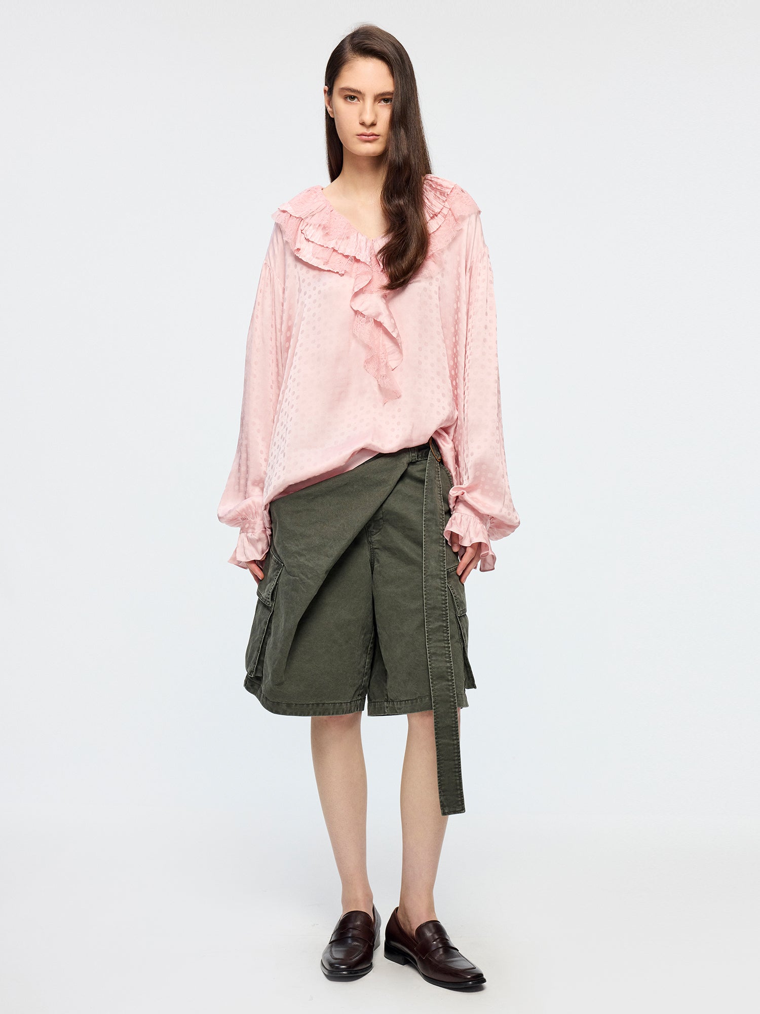 Lace patchwork ruffle collar jacquard shirt