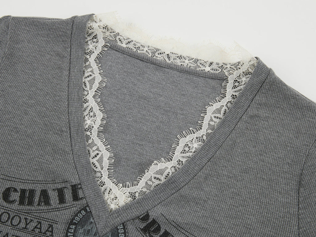Lace patchwork v-neck long sleeve t-shirt