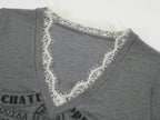 Lace patchwork v-neck long sleeve t-shirt