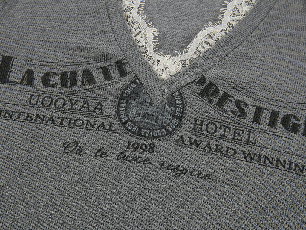 Lace patchwork v-neck long sleeve t-shirt