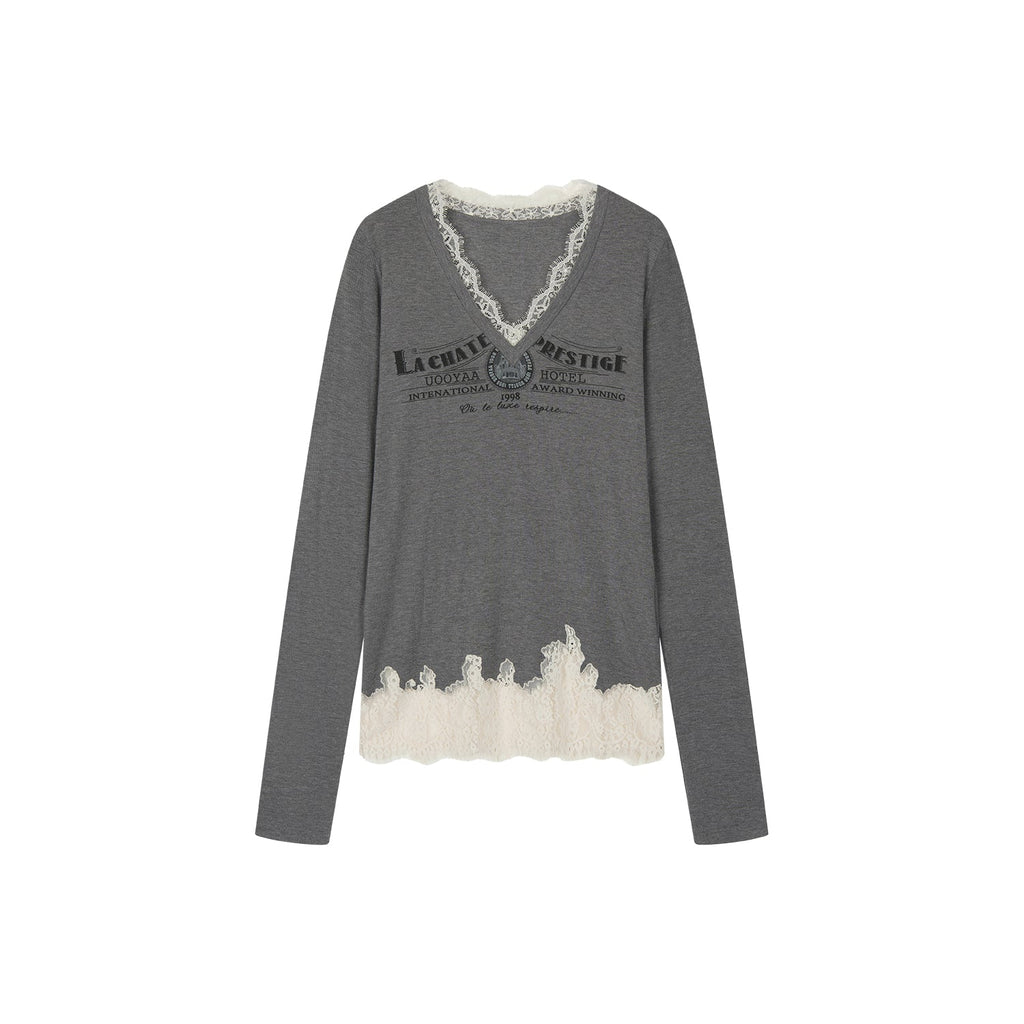 Lace patchwork v-neck long sleeve t-shirt