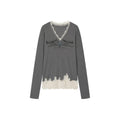Lace patchwork v-neck long sleeve t-shirt