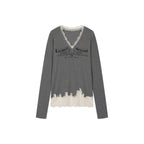 Lace patchwork v-neck long sleeve t-shirt