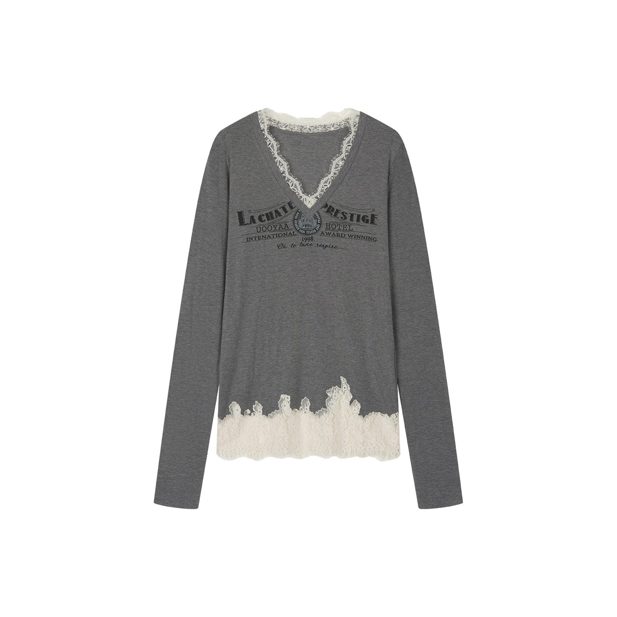 Lace patchwork v-neck long sleeve t-shirt