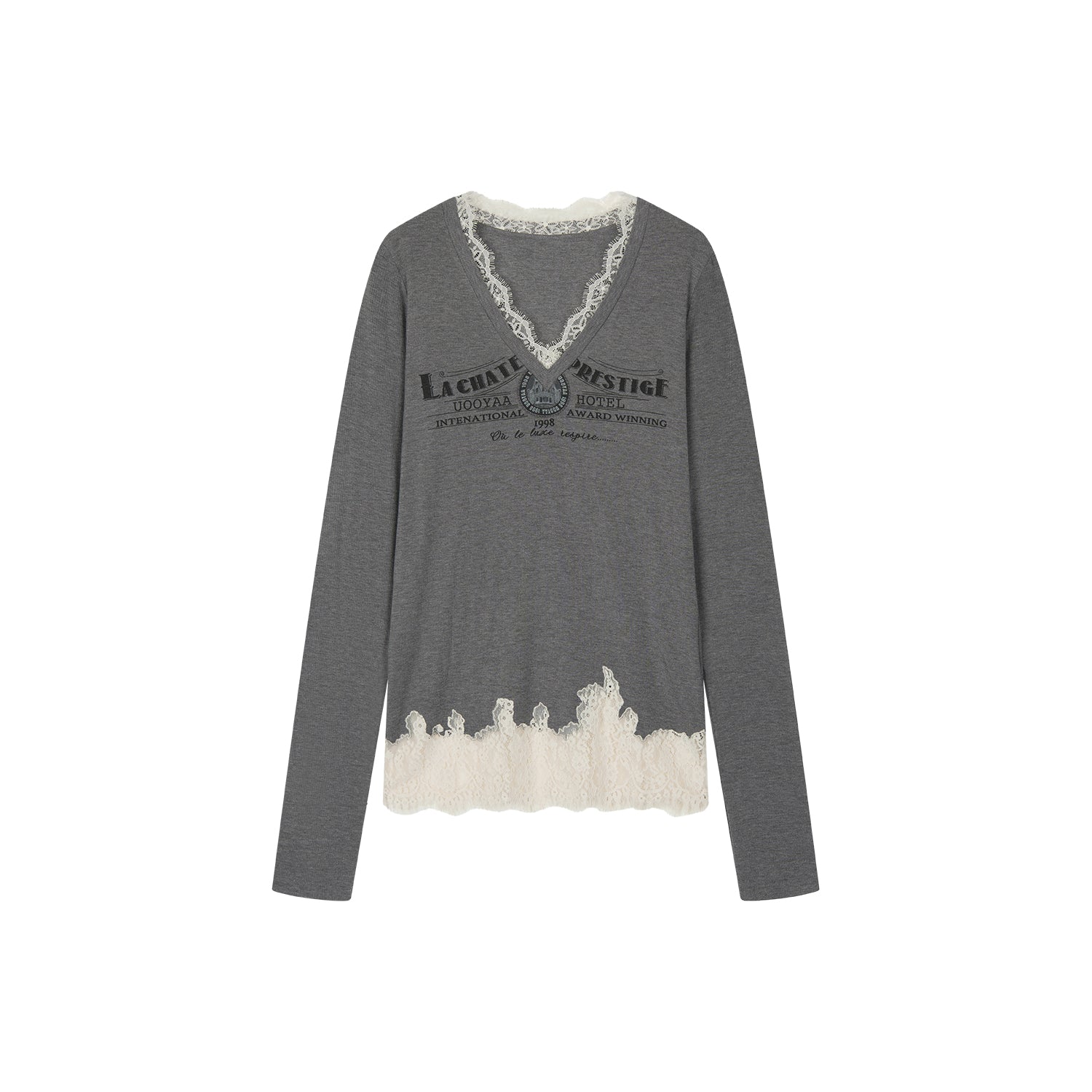 Lace patchwork v-neck long sleeve t-shirt