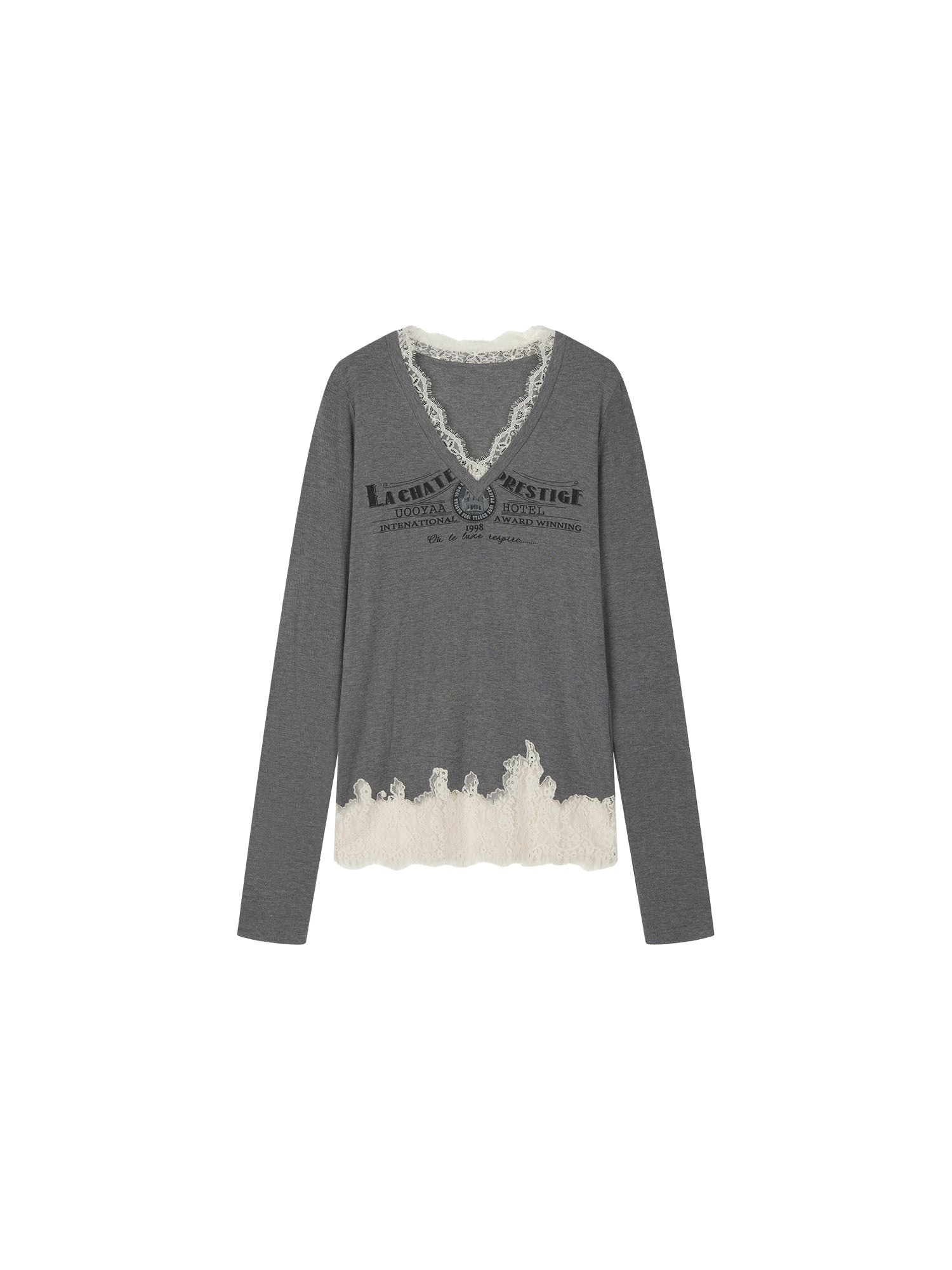 Lace patchwork v-neck long sleeve t-shirt