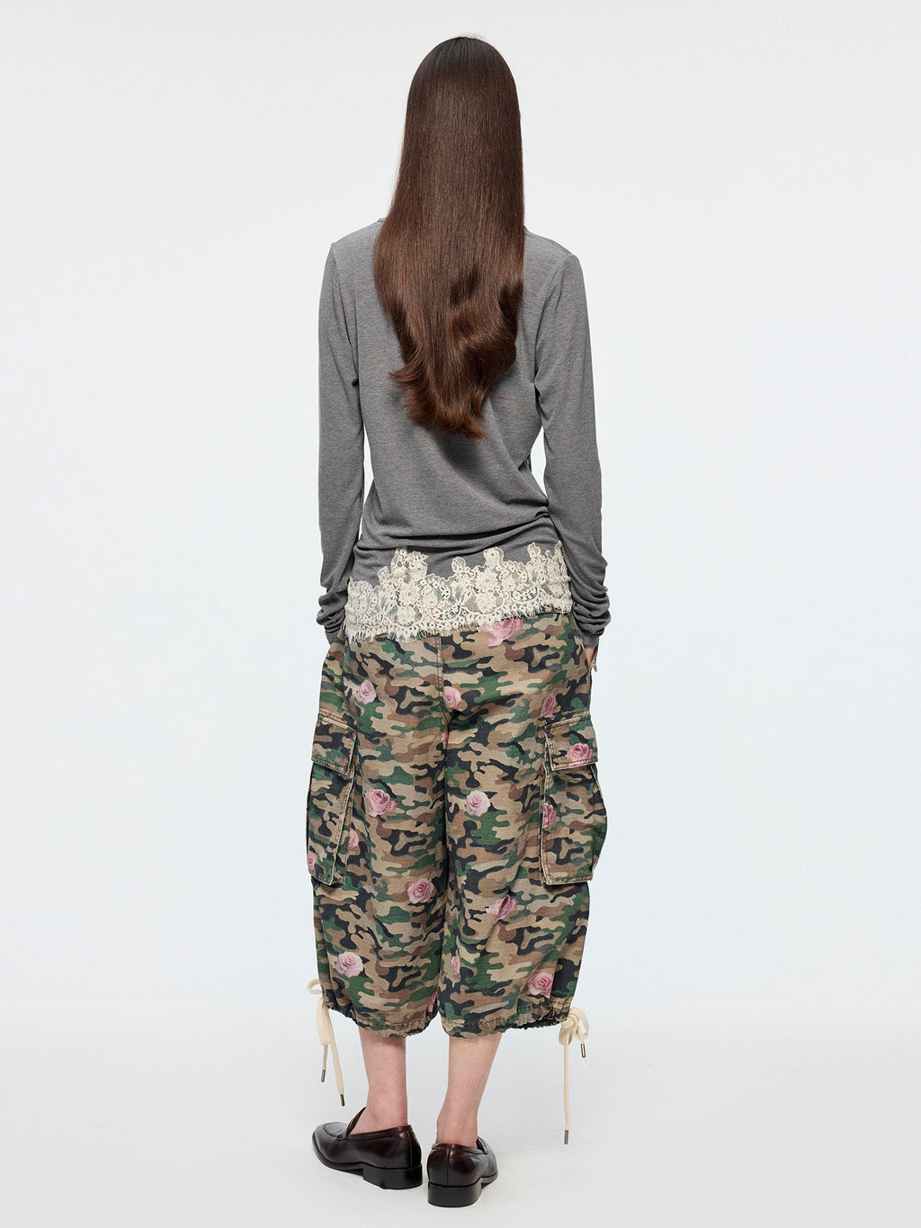 Lace patchwork v-neck long sleeve t-shirt