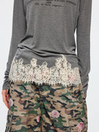 Lace patchwork v-neck long sleeve t-shirt