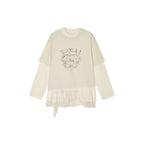 Lace tiered skirt patchwork mock-layer print t-shirt