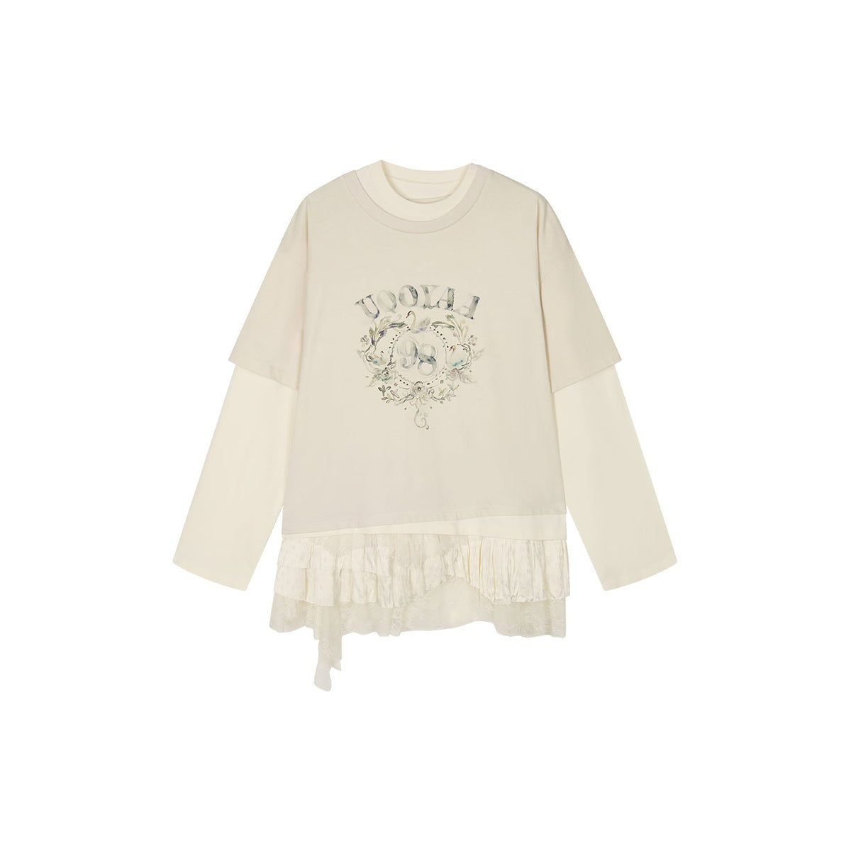 Lace tiered skirt patchwork mock-layer print t-shirt