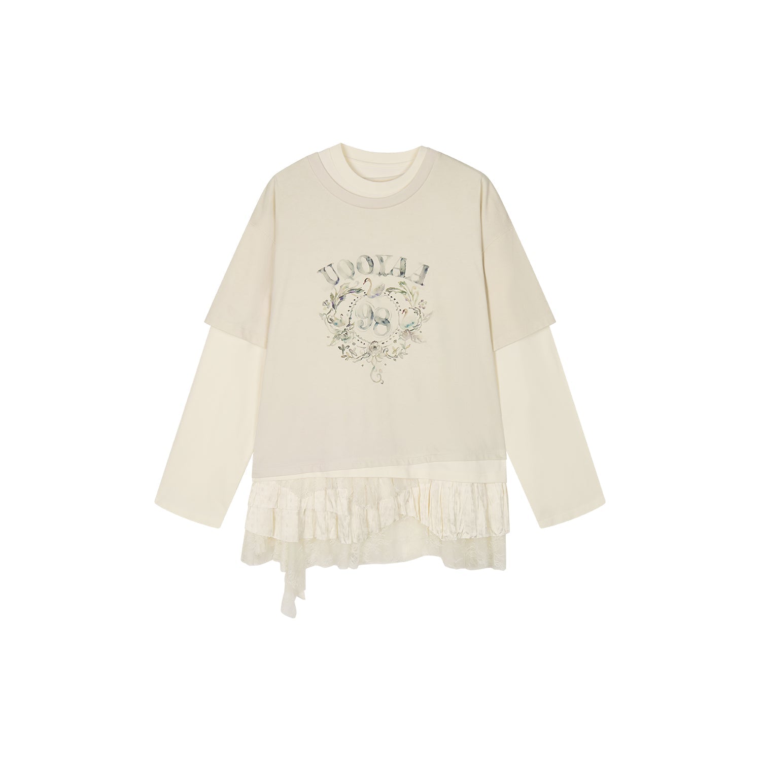 Lace tiered skirt patchwork mock-layer print t-shirt