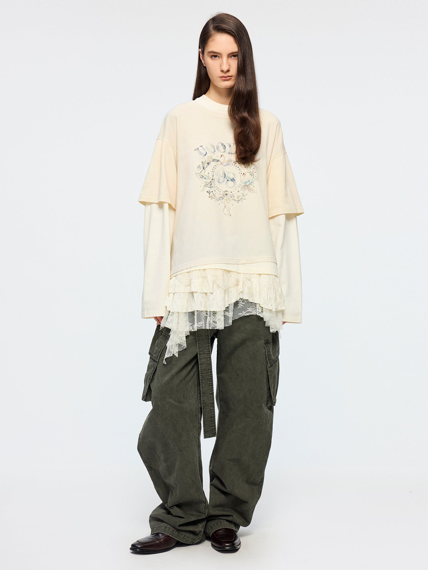 Lace tiered skirt patchwork mock-layer print t-shirt