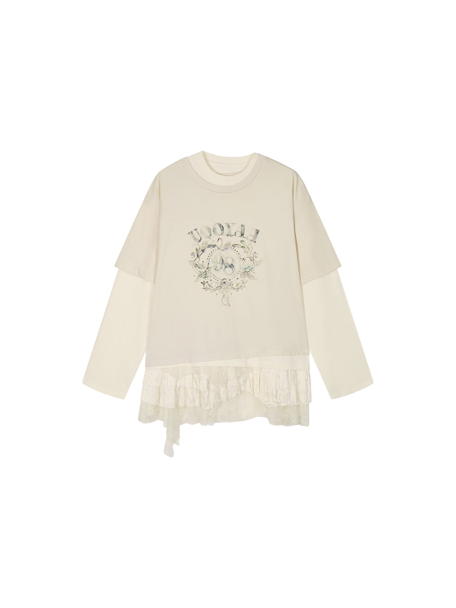 Lace tiered skirt patchwork mock-layer print t-shirt