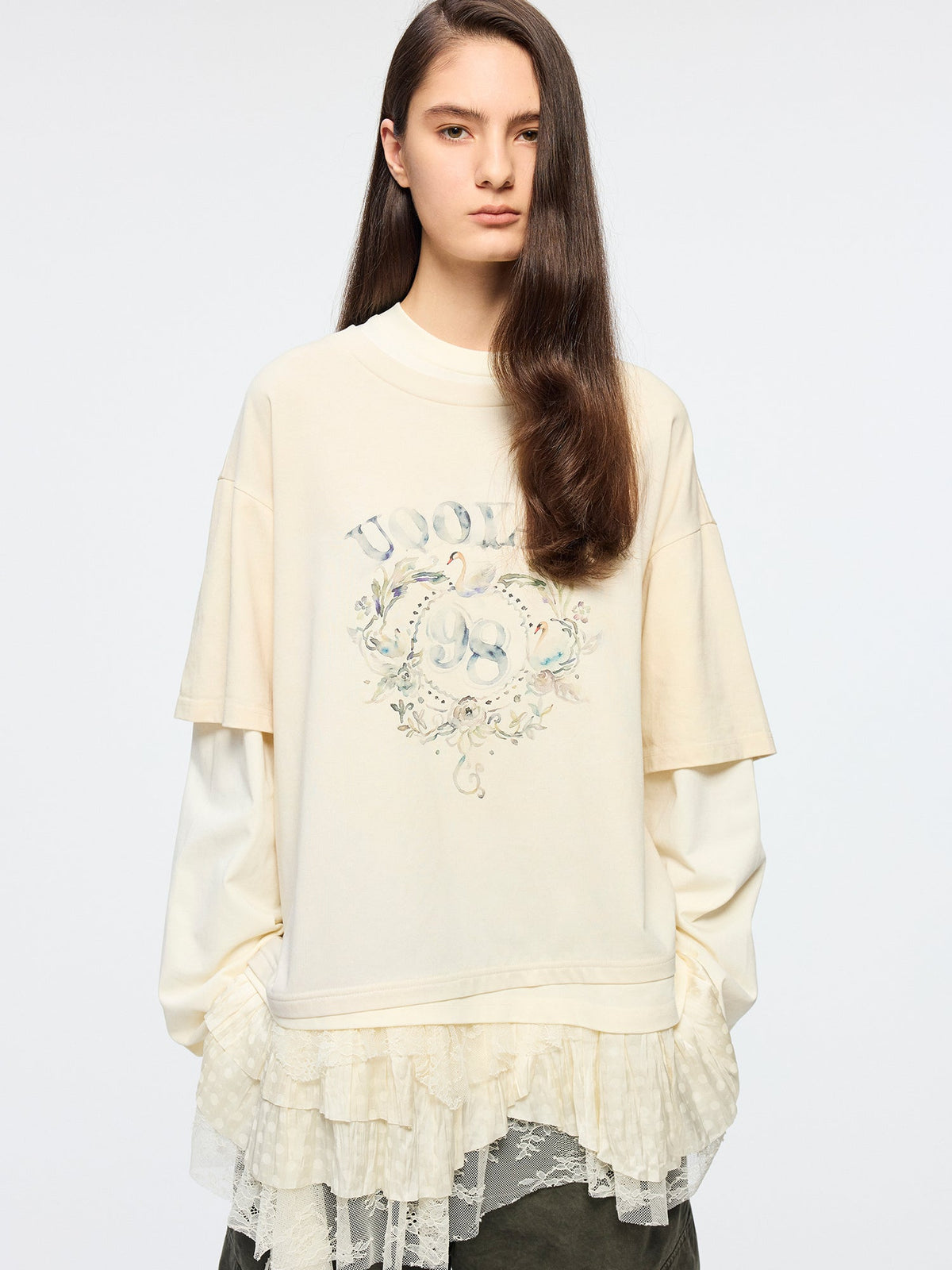 Lace tiered skirt patchwork mock-layer print t-shirt