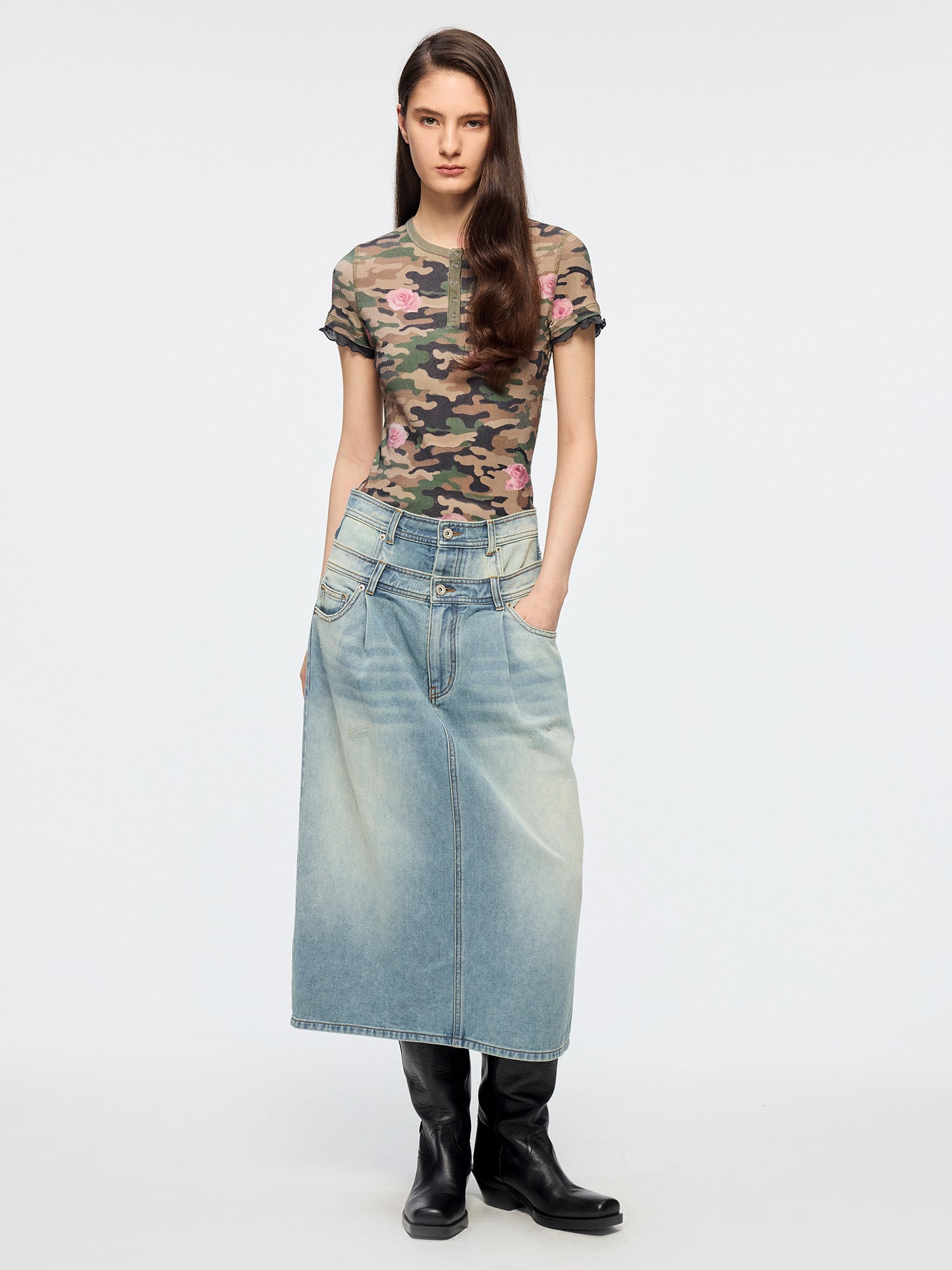 Detachable double waist denim skirt