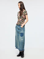 Distressed patchwork denim skirt