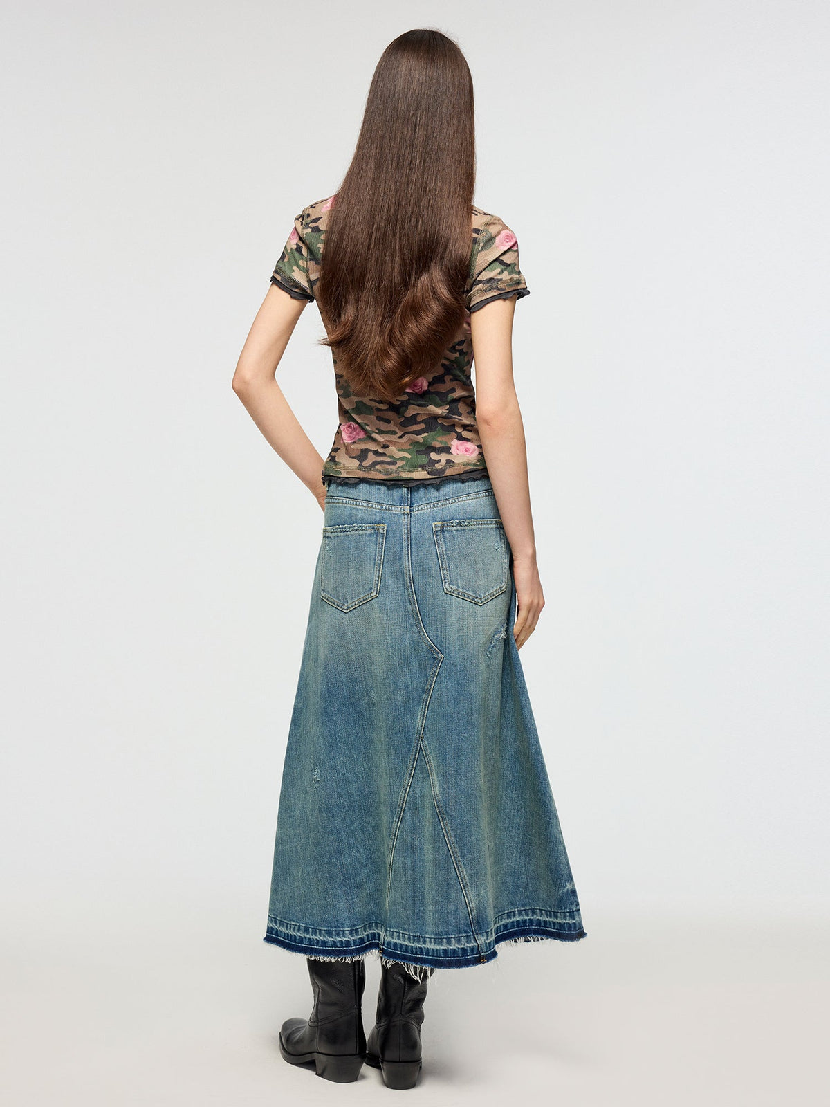 Distressed patchwork denim skirt
