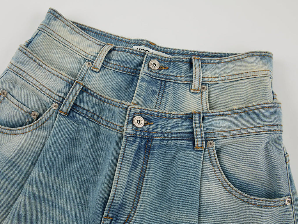 Detachable double waist curved jeans