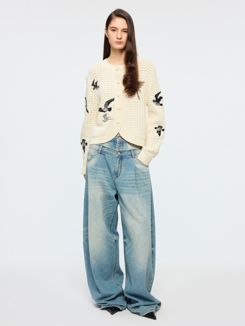 Detachable double waist curved jeans