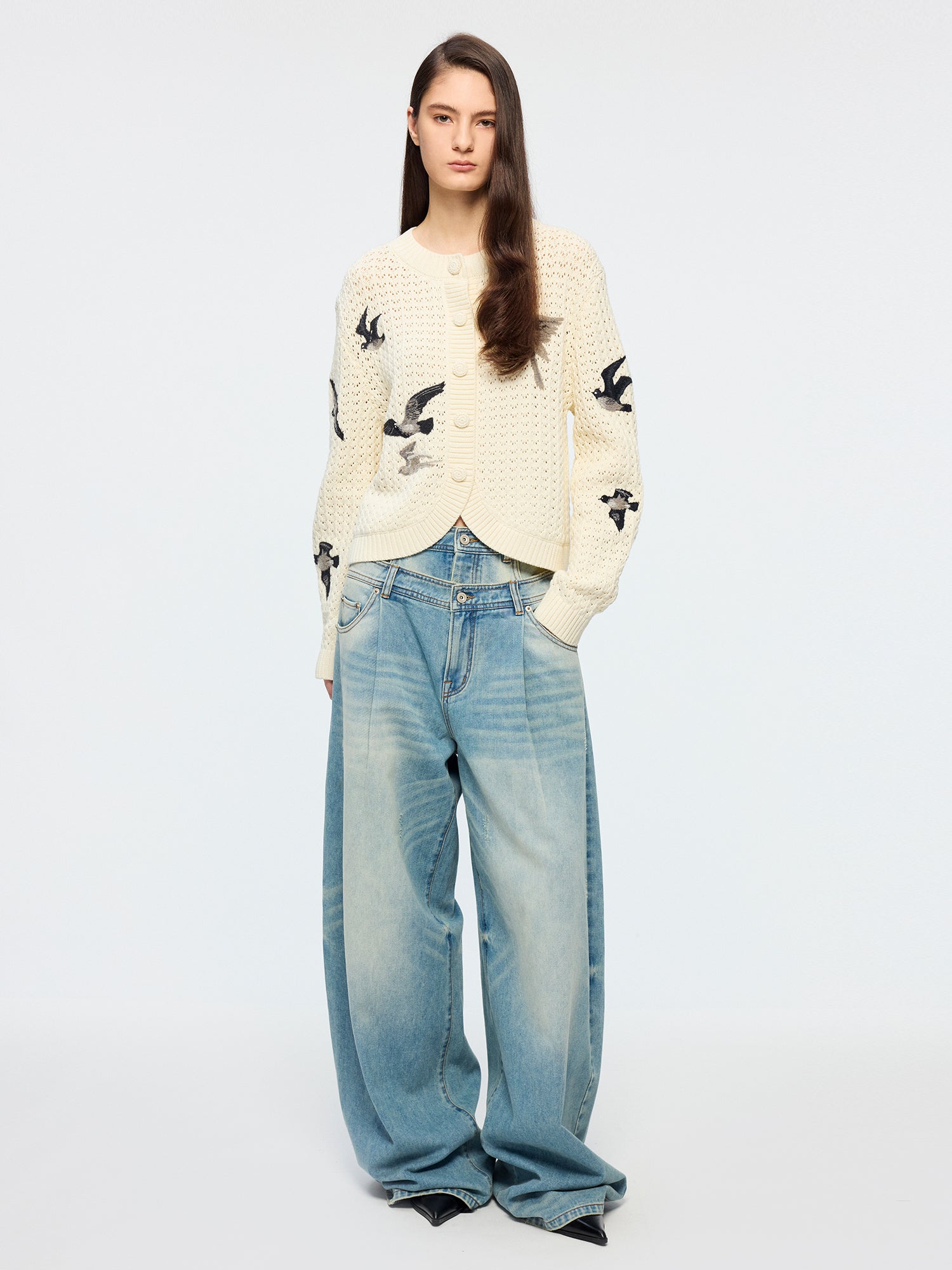 Detachable double waist curved jeans