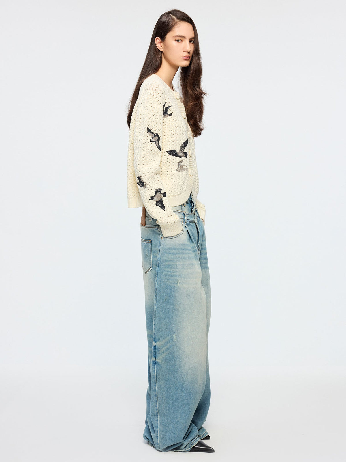 Detachable double waist curved jeans