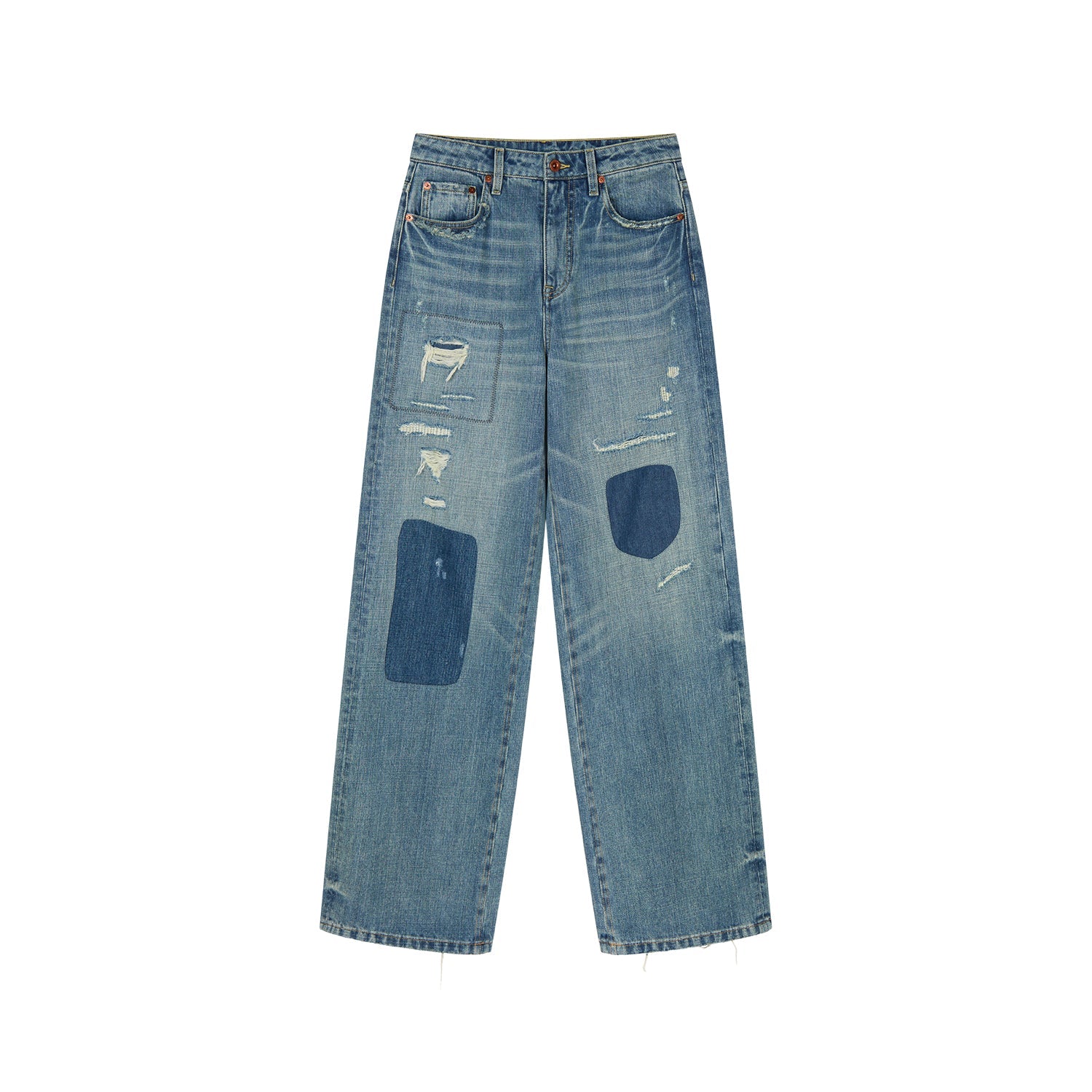 Distressed patchwork jeans