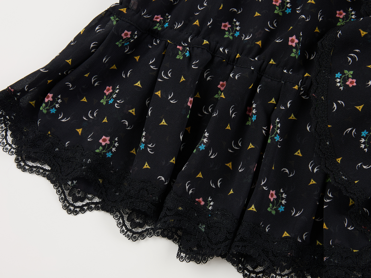 Floral ruffle tie neck shirt