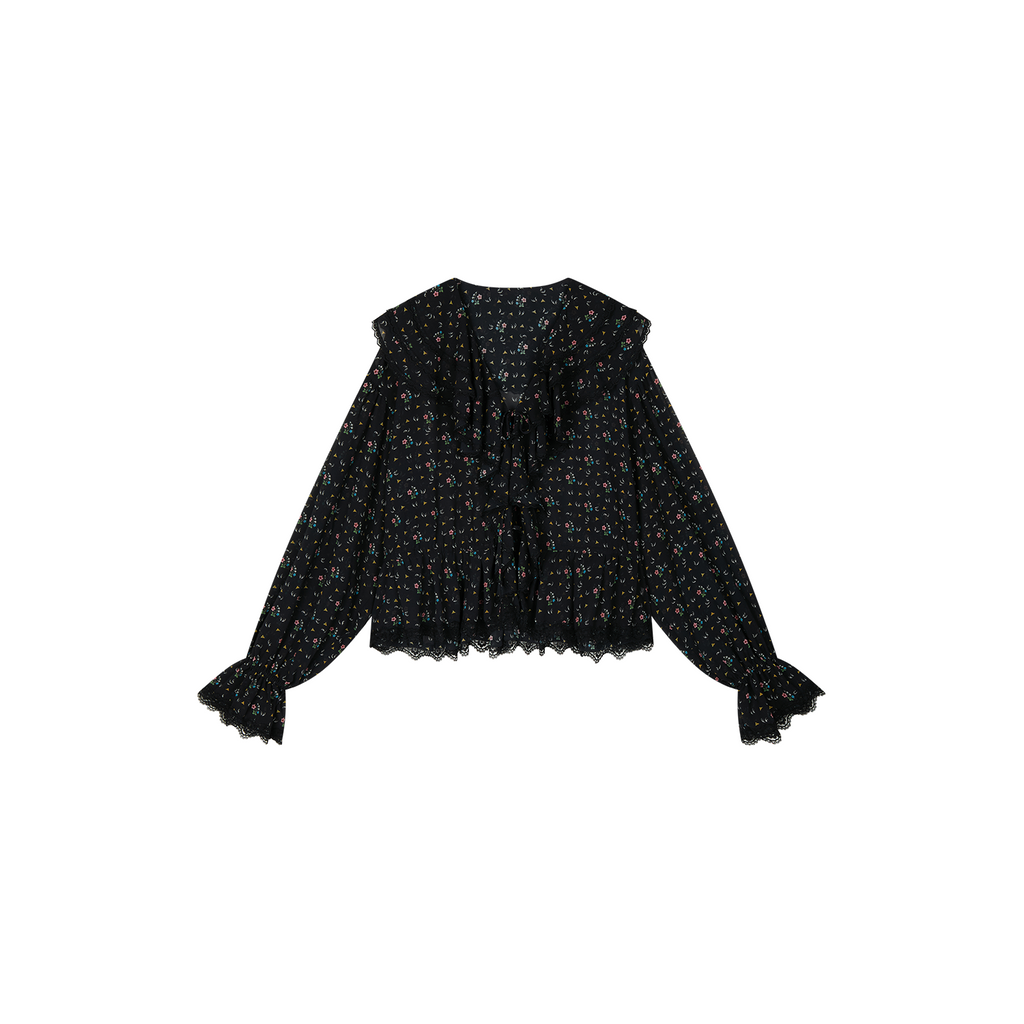 Floral ruffle tie neck shirt