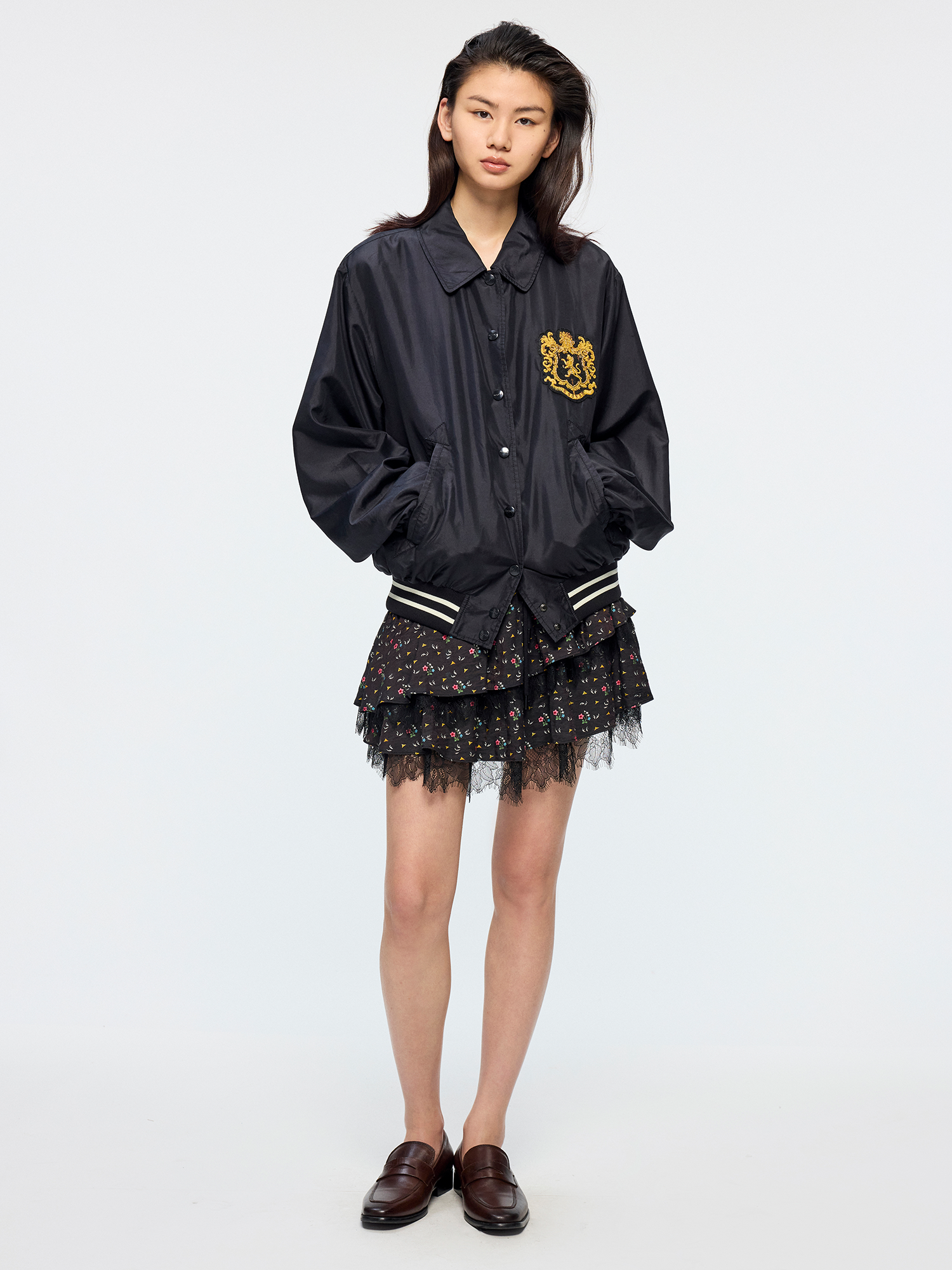Silk taffeta collegiate varsity jacket