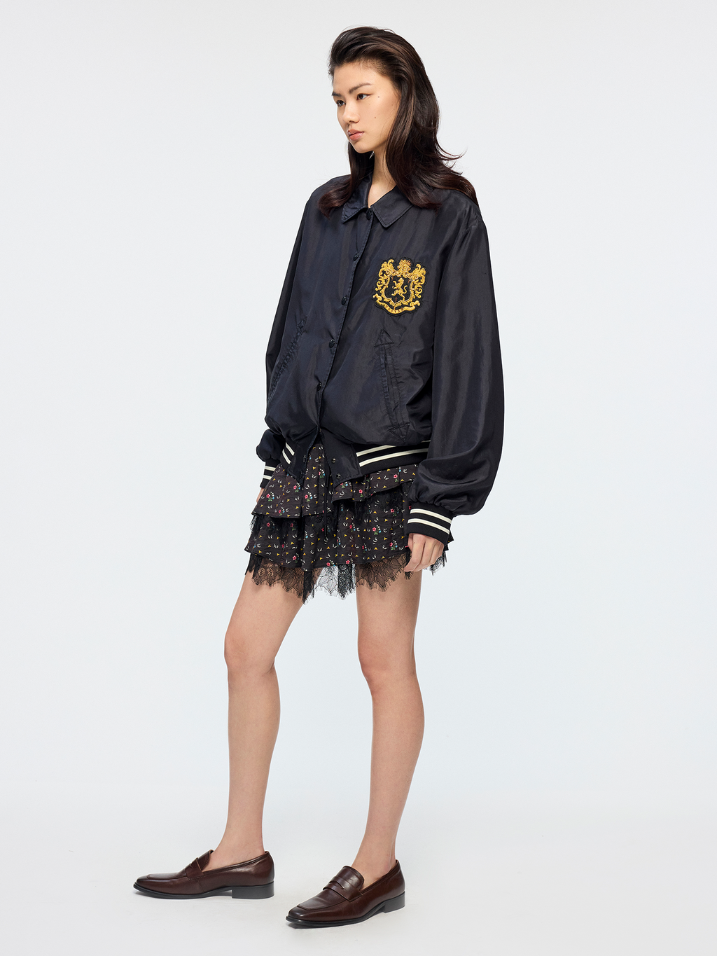 Silk taffeta collegiate varsity jacket