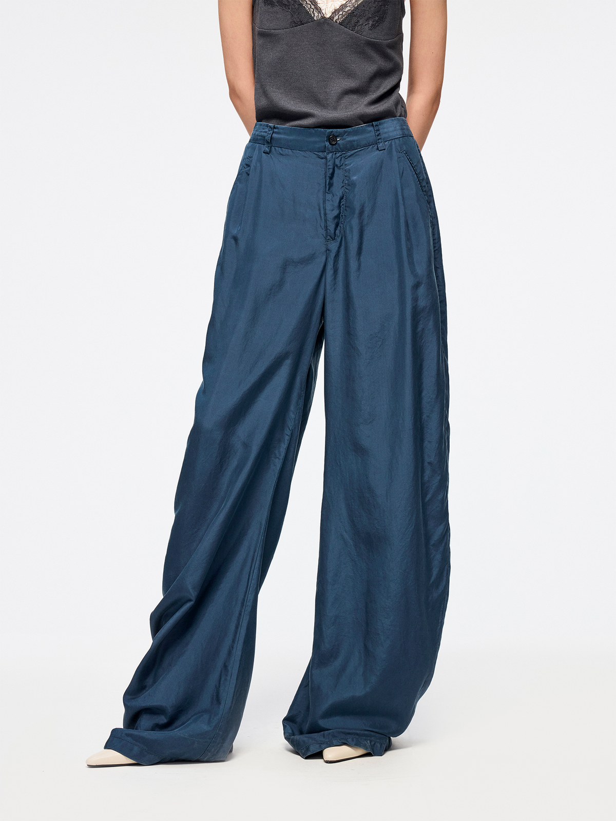 Silk taffeta curved leg trousers