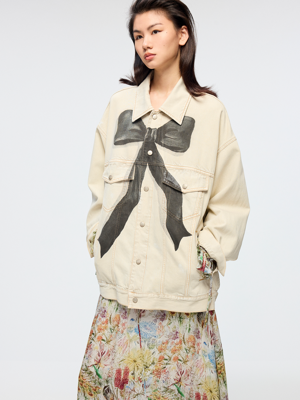 Oil painting bow denim jacket