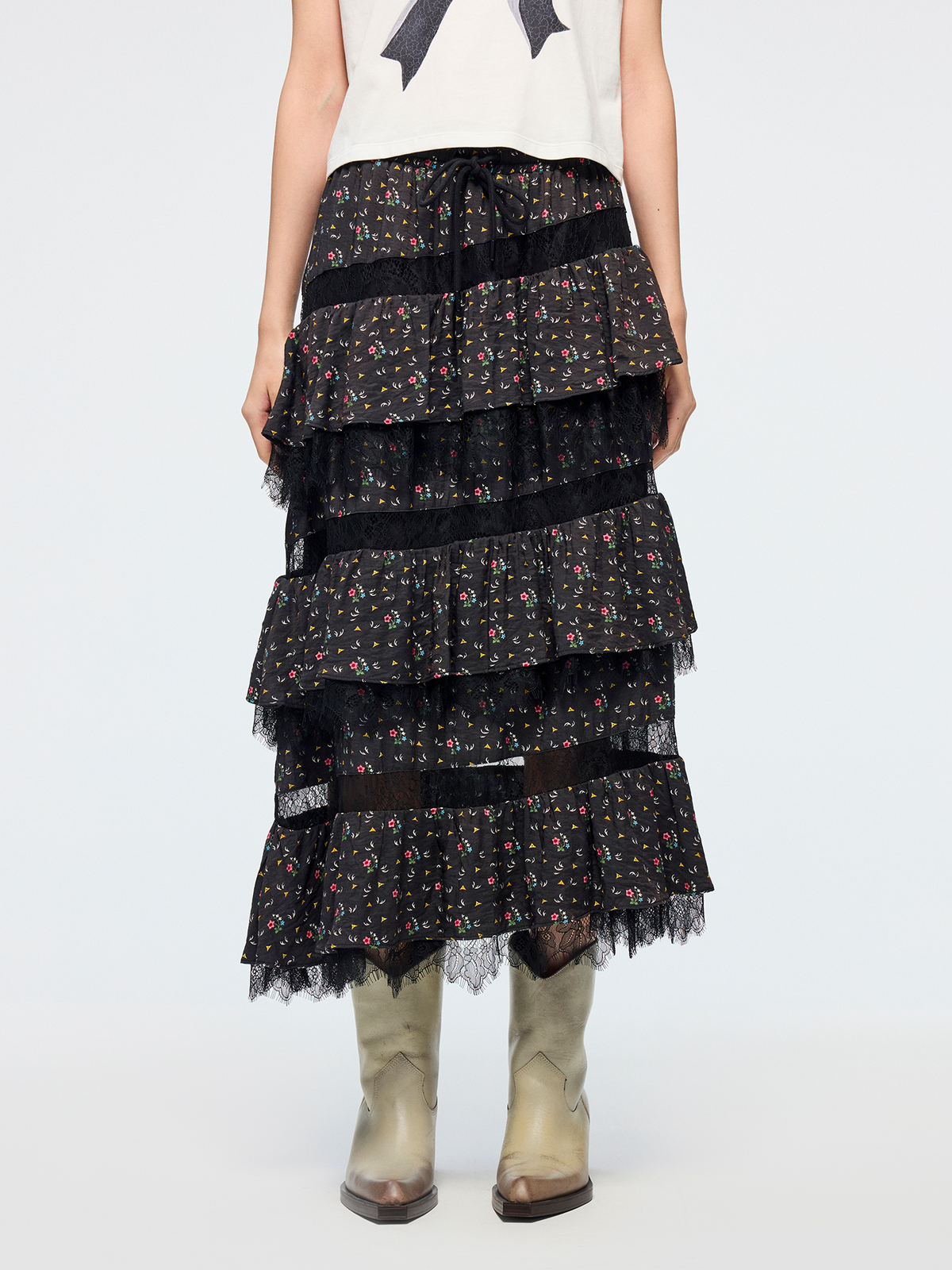 Floral tiered midi skirt