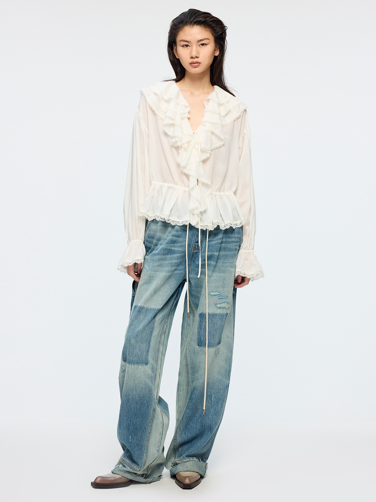 Ruffle collar Tencel shirt