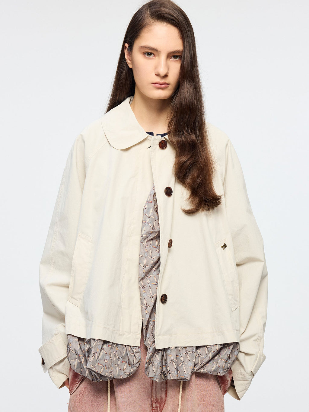 Exposed lining cropped balmacaan coat