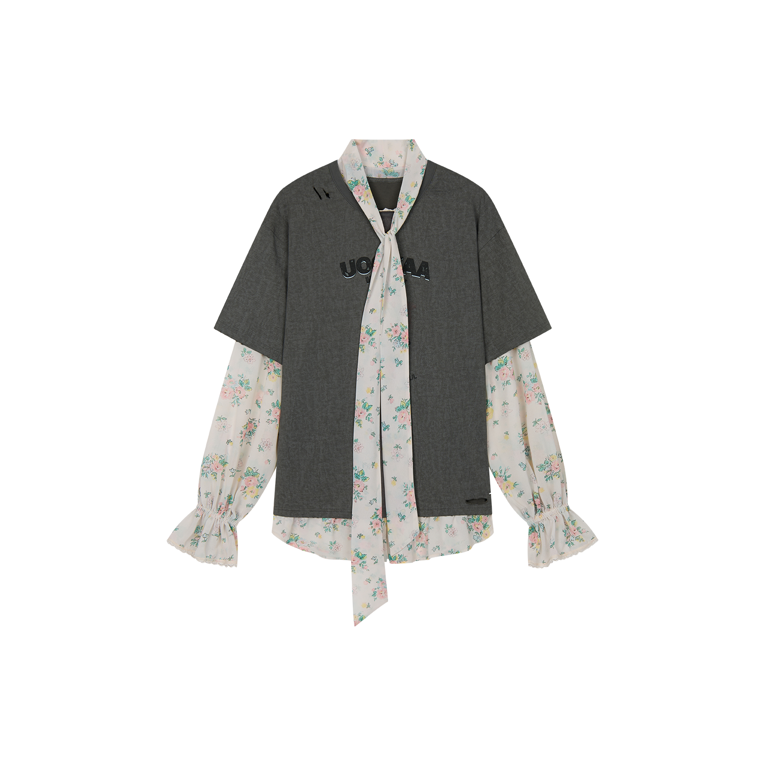 Floral ribbon mock-layer t-shirt