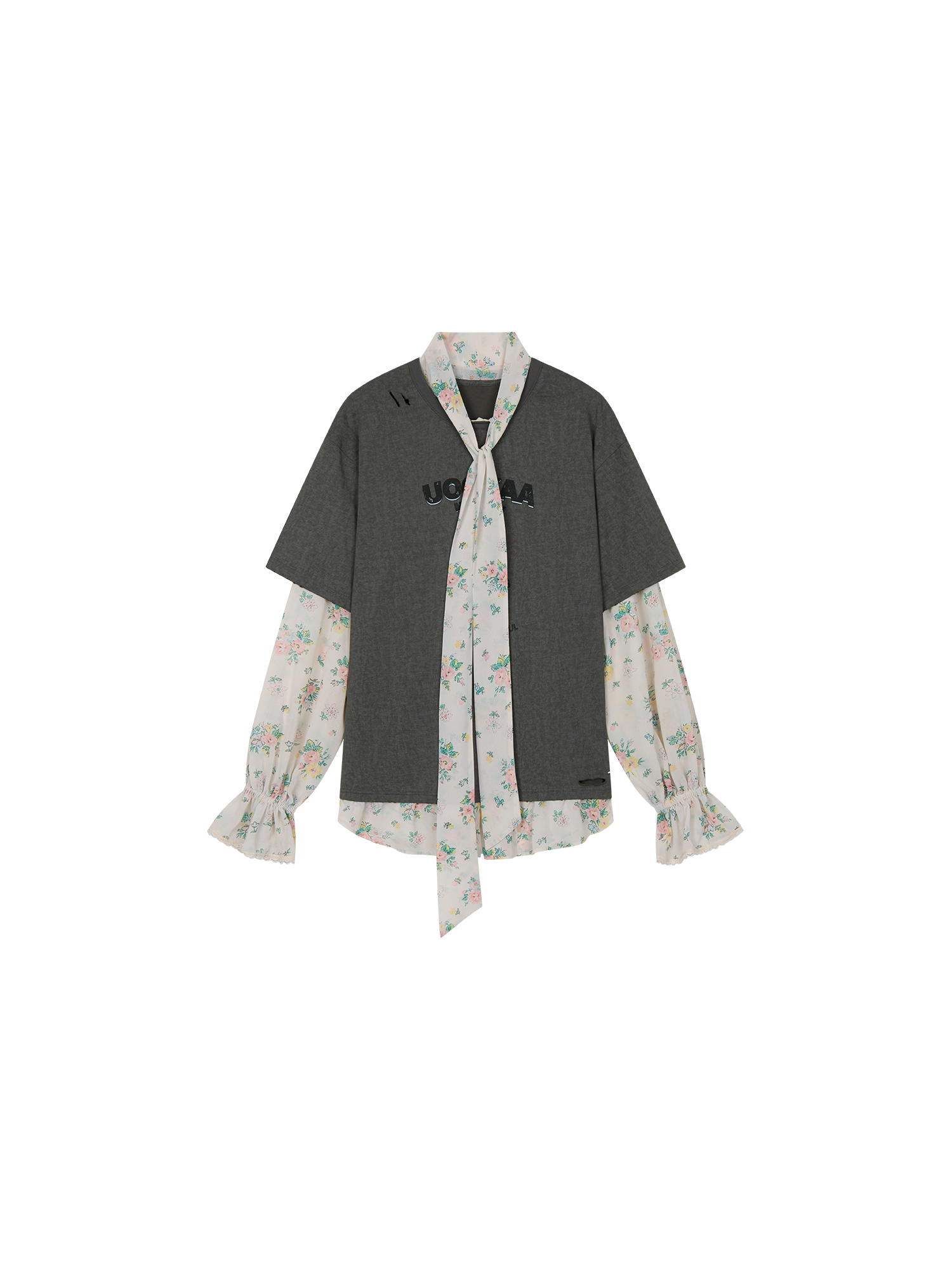 Floral ribbon mock-layer t-shirt