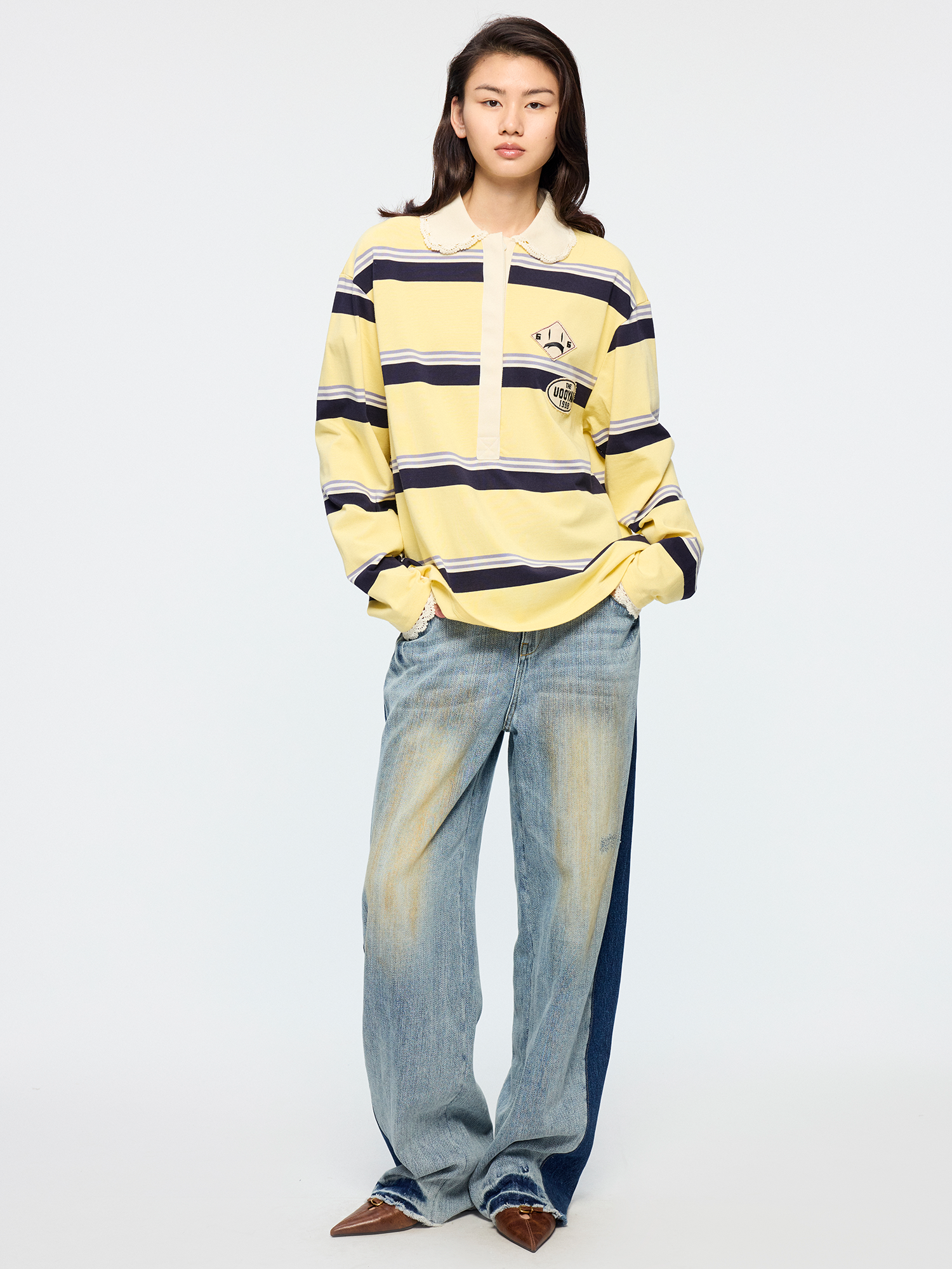 Applique badge Peter Pan collar striped polo