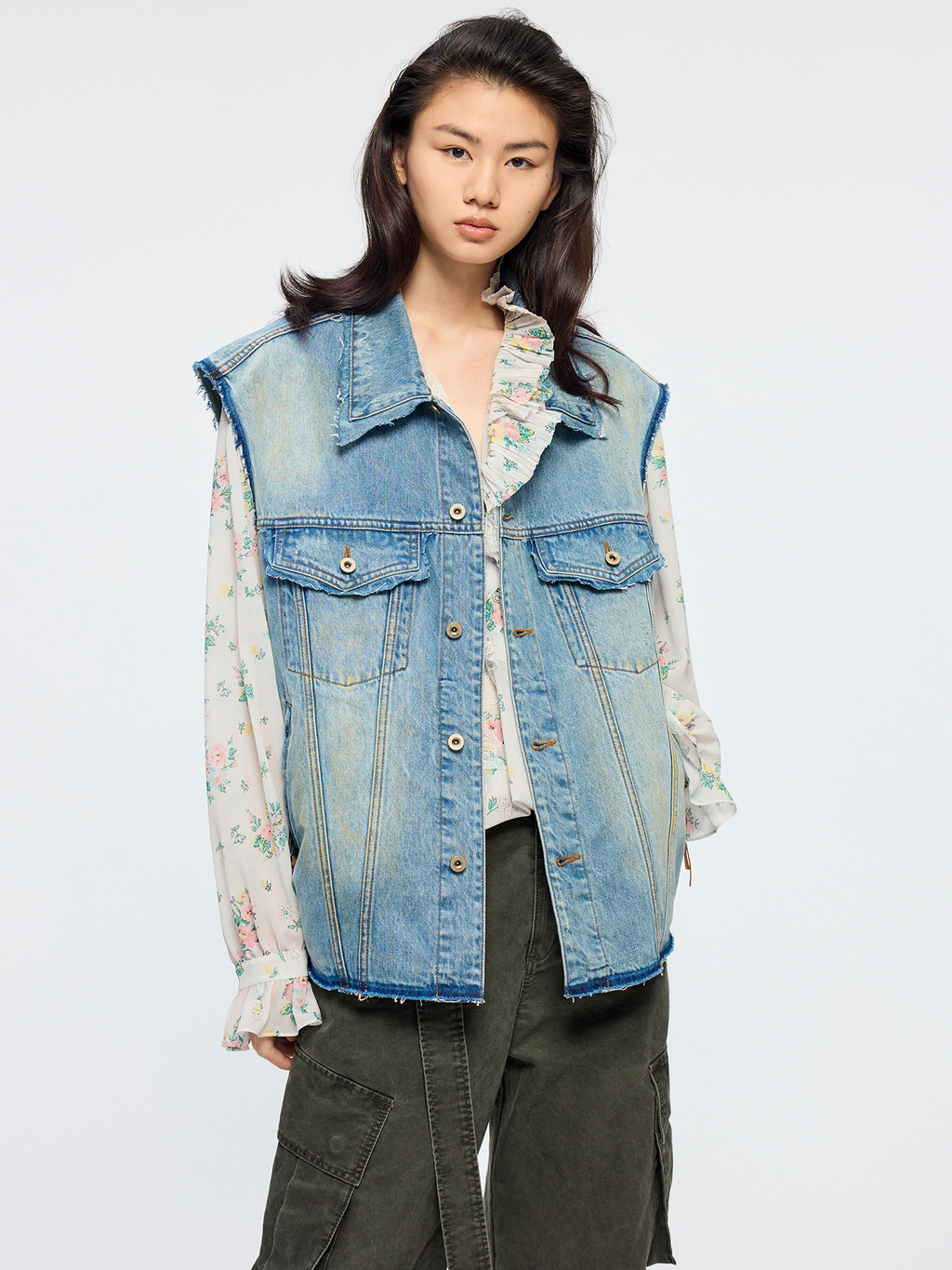 Raw edge patchwork denim vest