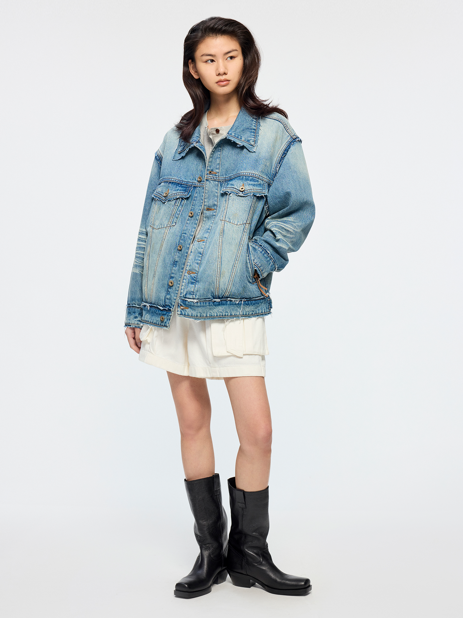 Raw edge patchwork denim jacket