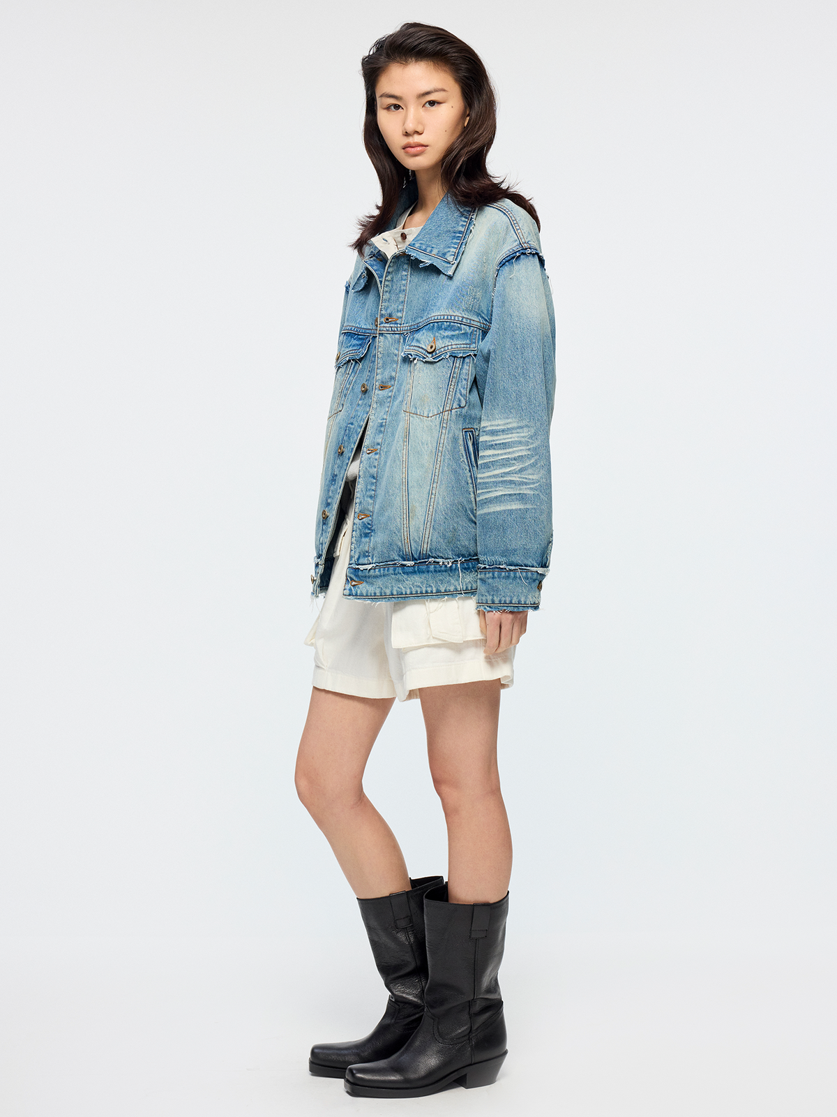 Raw edge patchwork denim jacket